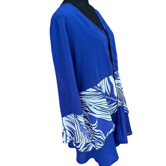 EY Boutique royal blue/white semi sheer open front tunic, ruffled sleeves sz XL - Picture 4 of 6